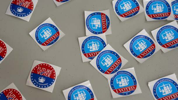 Voting stickers at Lyles-Crouch Traditional Academy during the Virginia primary election, Tuesday, Aug. 4, 2026, in Alexandria, Va.
