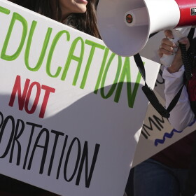 FILE - Students march at Arizona State University in protest of ASU's chapter of College Republicans United-led event encouraging students to report "their criminal classmates to ICE for deportations", Jan. 31, 2025, in Tempe, Ariz.
