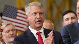 Sen. Roger Marshall, R-Kansas, gestures as Vice President JD Vance speaks, Sept. 14, 2026, in Olathe, Kansas.