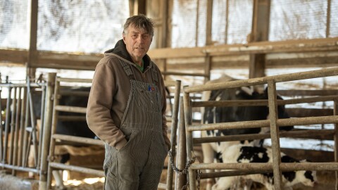 A man wearing overalls stands in front of a pen with black and white dairy cows