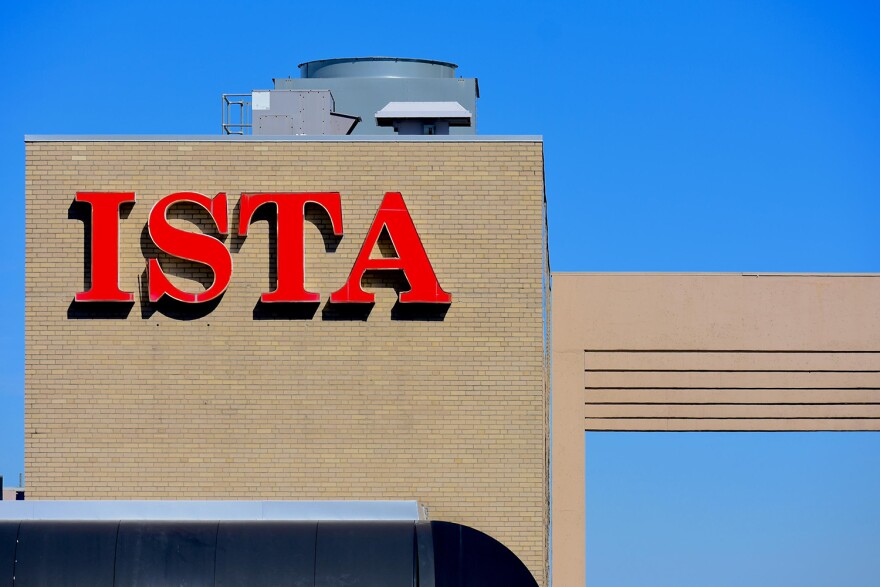 The Indiana State Teachers Association logo atop its headquarters in downtown Indianapolis.