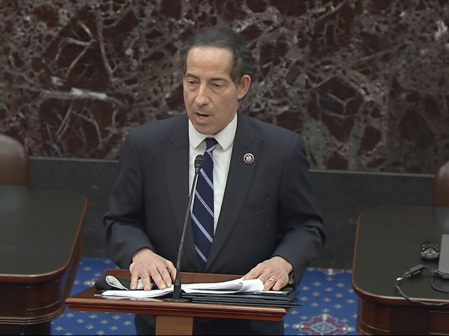 Lead impeachment manager Rep. Jamie Raskin, D-Md., reads the article of impeachment Monday against former President Donald Trump on the Senate floor.