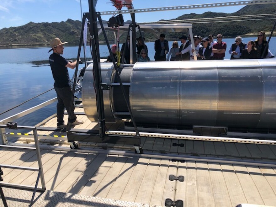 A prototype pod for sea water desalination is being tested in the Las Virgenes Reservoir, in the mountains above Westlake Village.