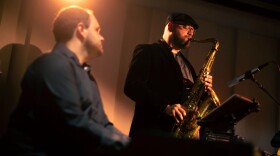 Jazz Overhaul's Jake Sele on keys and Cliff Colon on tenor saxophone performing inside the KNKX Seattle Studios in 2024.