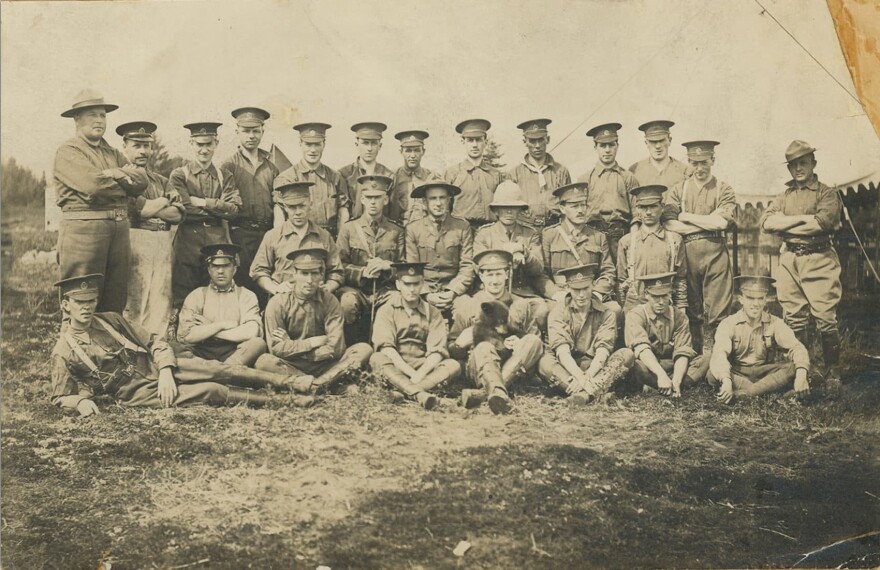Winnie is pictured here with the Winnipeg section of the Canadian Army Veterinary Corps. The photograph was taken in Valcartier, Quebec, where the Canadian soldiers trained for Europe. (Courtesy)