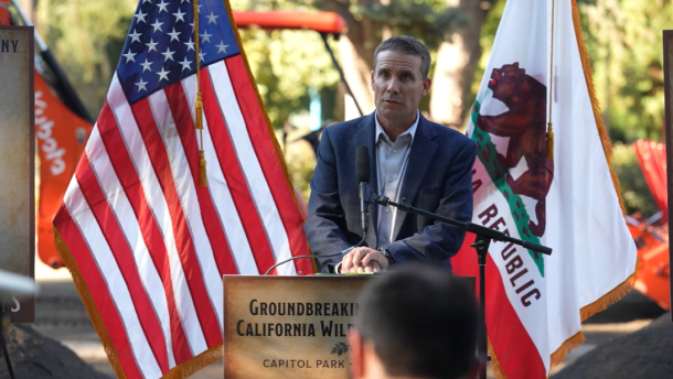 State. Sen. Mike McGuire speaks at a groundbreaking event for the California Wildfire Memorial on Oct. 9, 2026, at Capitol Park in Sacramento, Calif.