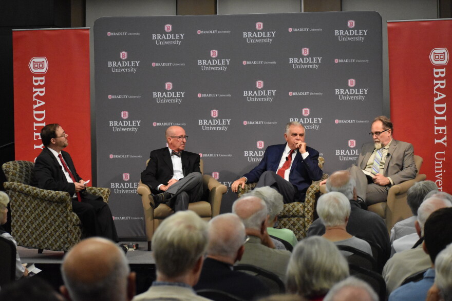 Peoria Journal Star Associate Editor Chris Kaergard, Frank Mackaman of the Dirksen Congressional Center, former U.S. Transportation Secretary Ray LaHood, and political science professor Sean Q Kelly at Bradley University's Hayden-Clark Alumni Center