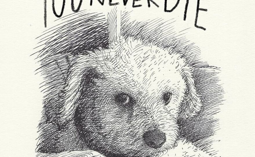 The black and white cover of a book shows a drawing of a dog.