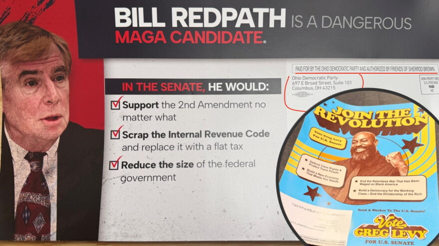 A graphic compiling two mailers. One shows Libertarian candidate for Senate Bill Redpath with the headline "Redpath is a Dangerous MAGA Candidate." It goes on to claim that in the senate, he would support the second amendment no matter what, scrap the internal revenue code and reduce the size of federal government. A second mailer, shown in a circular insert overlaying the first, shows independent socialist Greg Levy under the banner "Join the Revolution." 
