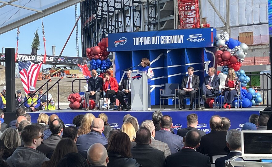 New York State Governor Kathy Hochul speaks at the "Topping Out" Ceremony meant to celebrate the last beam being added to the future Highmark Stadium.