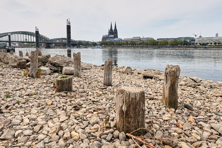 Remains of the post-World War II Patton Bridge are exposed during historically low water levels of the Rhine River during a heat wave and a prolonged drought, across from the Cologne Cathedral in Cologne, Germany, Monday, Aug. 3, 2026.