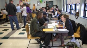 Homeless veterans meet with housing and other Boston agencies at the Pine St. Inn in 2015 as part of the city's action plan to house homeless veterans. (Robin Lubbock/WBUR)
