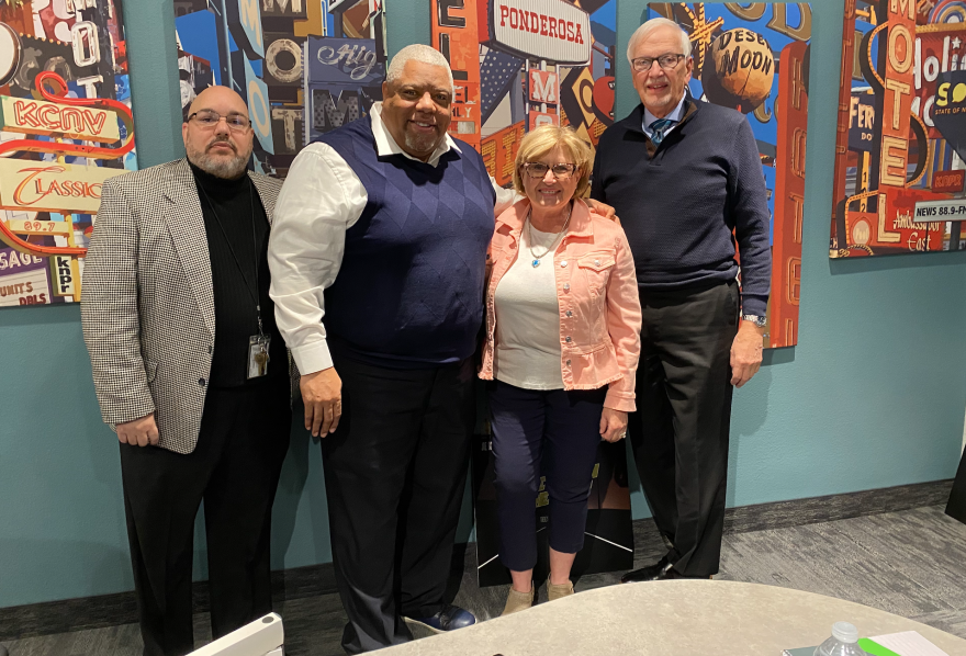 From left to right: Jason Wyatt, Charvez Foger, Chris Snow and Chuck Niggemeyer at Nevada Public Radio on Feb. 9, 2023.