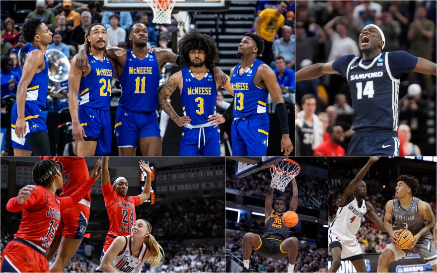 A dozen schools from the Gulf South made it into the 2024 NCAA men’s and women’s basketball tournaments, including (left-right, top-bottom) McNeese State University, Samford University, Jackson State University, Grambling State University and the University of Alabama at Birmingham. For these schools, making it into the tournament is an accomplishment that can have a ripple effect on the entire school.