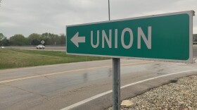 A sign off Highway 44 points to Union, Missouri, where some businesses will be allowed to reopen Friday. 4/23/2020