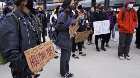 Students from Roosevelt High School in Minneapolis gather by U.S. Bank Stadium Monday, April 19, 2021, to protest killings by police in Minneapolis and Brooklyn Center , Minn.