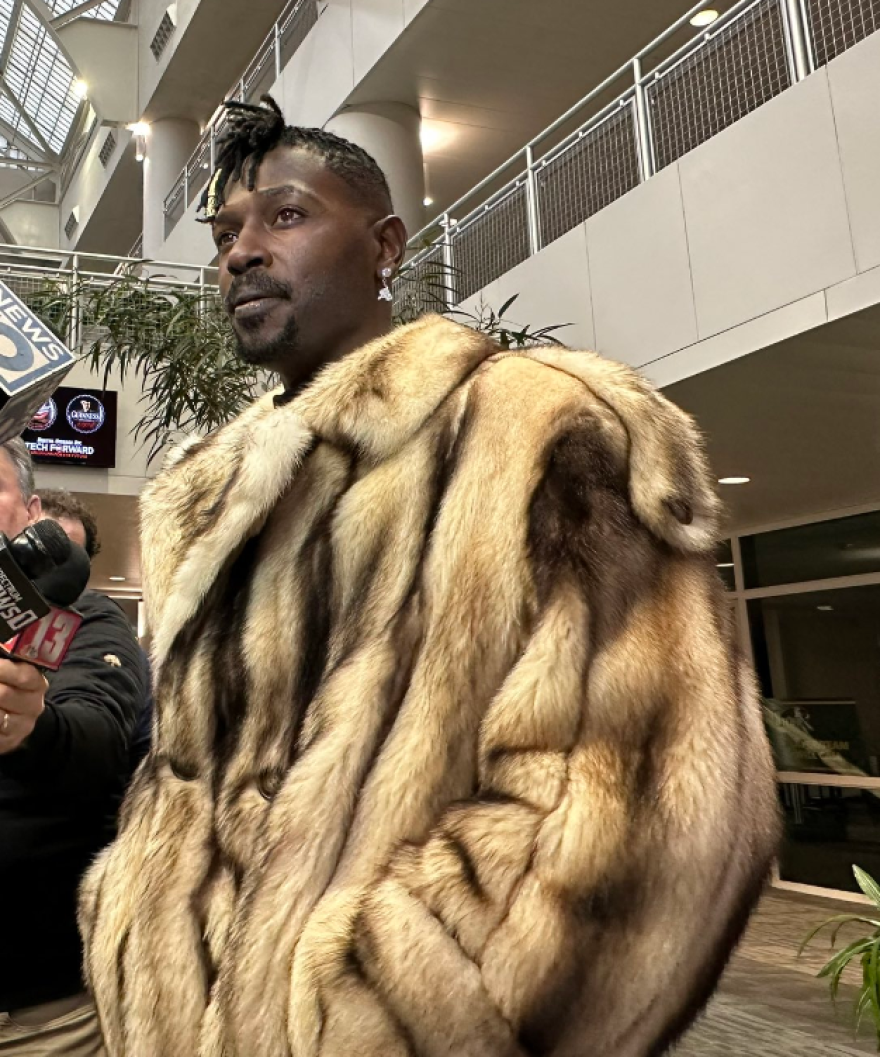 Antonio Brown speaks with reporters at MVP Arena March 2, 2023, in this photo shared by the Albany Empire.