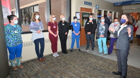 Gov. Kathy Hochul speaks with healthcare workers at Samaritan Medical Center in Watertown on December 29, 2021