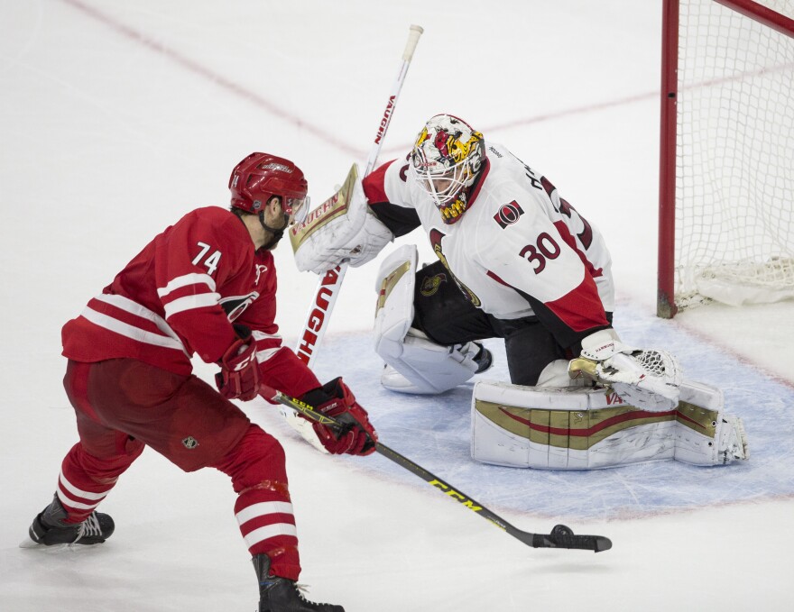 Carolina Hurricanes Jacob Slavin during the shootout of an NHL hockey game