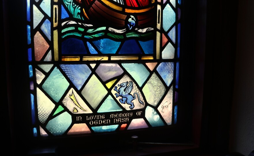 A stained glass window in memory of Ogden Nash at the St. Andrew's by-the-Sea chapel in Rye Beach, NH.