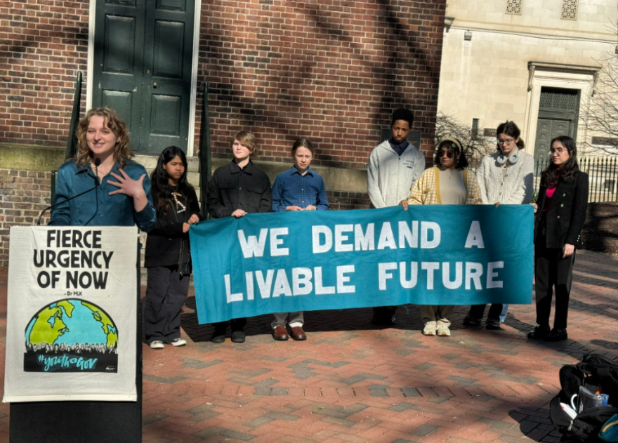 Climate activist and teen plaintiff Kat Leedy speaks at the belltower after her hearing at the Virginia Court of Appeals.