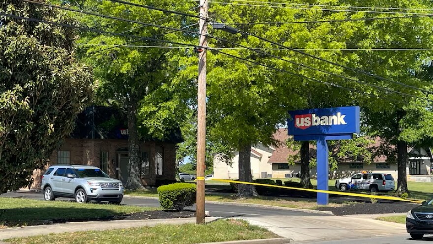 Police tape blocks the entrance to the US Bank in Berea following a deadly robbery on April 30th, 2026.