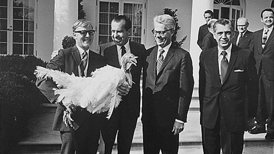 President Nixon pardons a turkey in 1969. There's quite a celebratory banquet scene in the John Adams opera, <em>Nixon in China</em>.