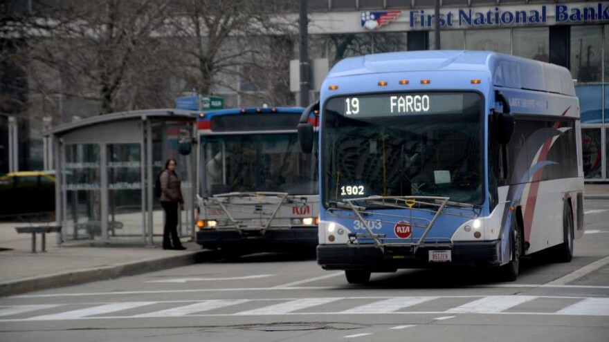  Two RTA buses drive near Public Square in downtown Cleveland. 