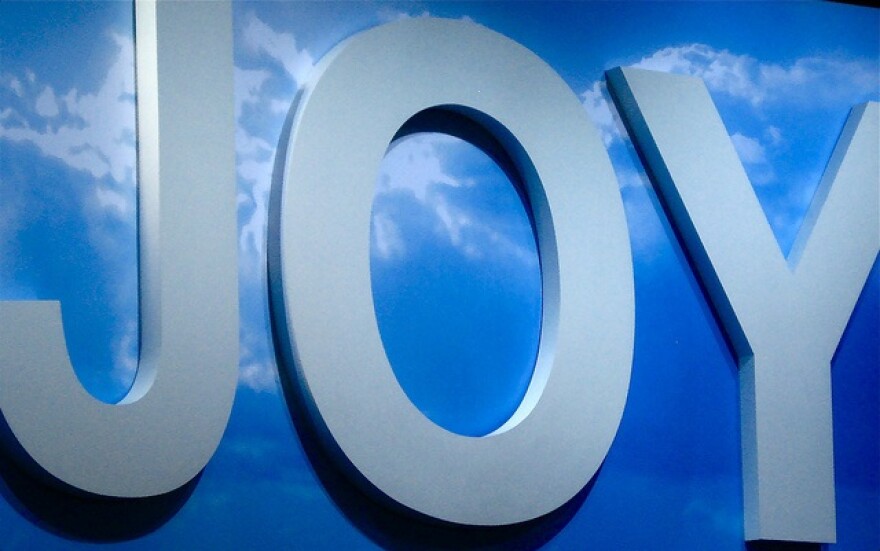 the word "joy" in white letters against a bright blue sky