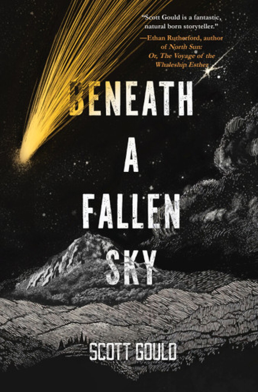 The cover of "Beneath a Fallen Sky" by Scott Gould. The cover depicts a greyscale landscape with a mountain in the distance. Above is a dark sky with stars, and a portion of it is being covered by a cloud. The only piece of color in the depiction is a shining, yellow comet shooting through the night sky.
