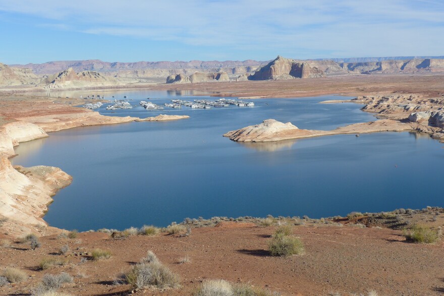 Lake Powell at Wahweap Marina as seen in December 2021. The Upper Colorado River Commission’s 5-Point Plan is aimed at protecting Colorado Storage Project infrastructure like Lake Powell, where low water levels are threatening hydropower production.