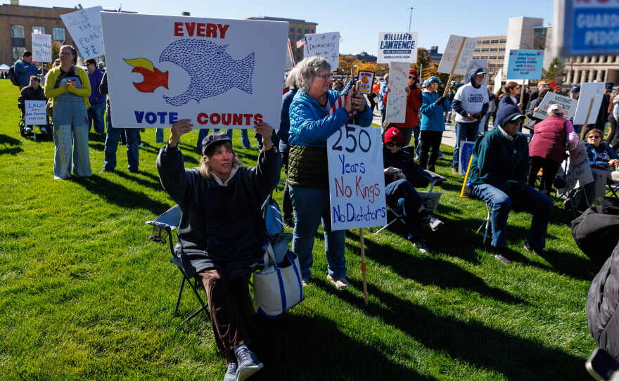 Thousands attended the fourth No Kings rally in Lansing, Mich., on Oct. 17, 2026.