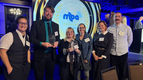 KAXE's Charlie Mitchell, Andrew Dziengel, Heidi Holtan, Jennifer Barr, Kari Hedlund and Malachy Koons at the Minnesota Broadcasters Association Excellence Awards, Oct. 7, 2026, in Hastings.