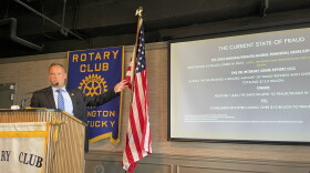 Central Bank Senior Vice President Shane Ensminger speaking to the Lexington Rotary Club on fraud 08-22-24