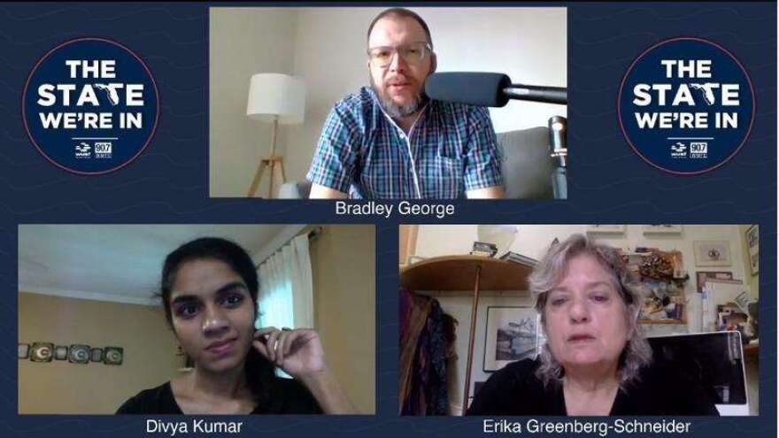 Host Bradley George (top center) speaks with Divya Kumar (left bottom), a reporter at the Tampa Bay Times, and Erika Greenberg-Schneider (right bottom), a graphic design professor at USF. Image credit: The State We're In / Facebook