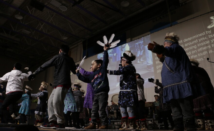 A little dancer of the Qasgirmiut dance group at the Cama'i dance festival on March 29, 2026 in Bethel, Alaska.