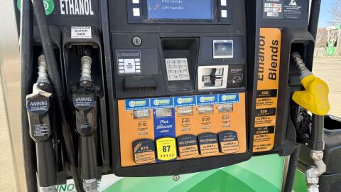 A gas pump at Sparky’s One Stop in Bayard, Iowa features ethanol-only blends of fuels. Iowa’s Renewable Fuels Infrastructure Program has given more than $65 million to help fund equipment to retailers to offer higher blends of renewable fuels.