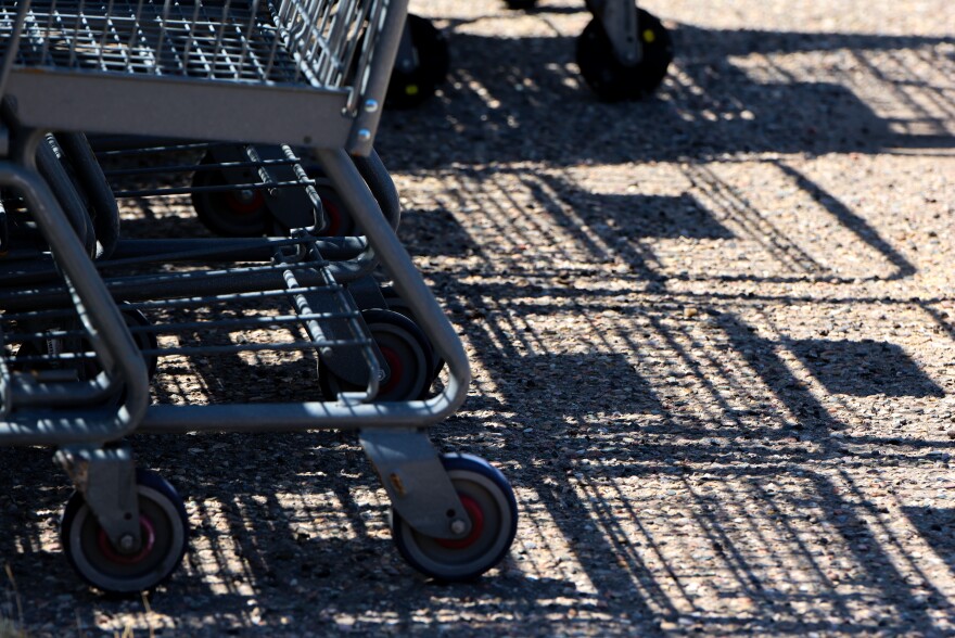 The shadows casted by numerous rows of carts that have been collected by third-party vendors