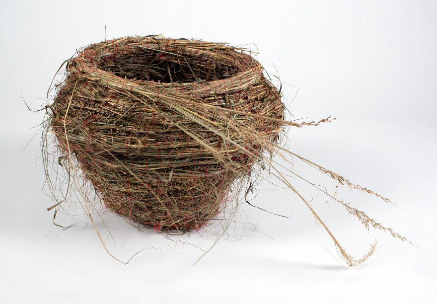 DeltaDawn’s “Hay Vessel I” is a hand-woven hay bowl that's on display as part of the exhibit “Hardscaping” at Esther Friedel Projects.