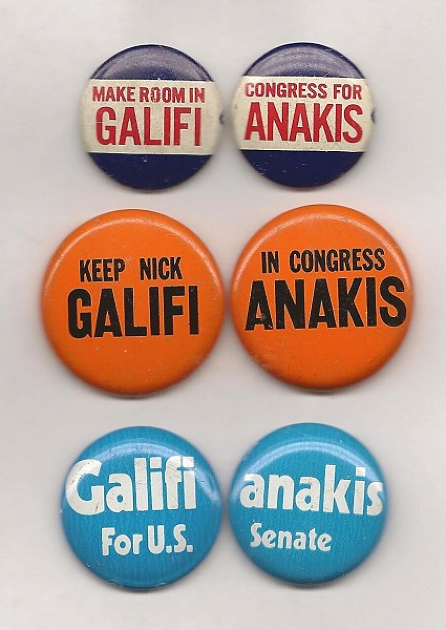 Political pins show off the name and campaign slogans of former US Congressman Nick Galifiniakis. 