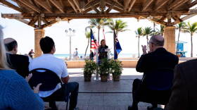 Congresswoman Debbie Wasserman Schultz speaks to a crowd of politicians and academics about Florida International University’s new $9 million grant to monitor groundwater on Wednesday, February 21, 2024 in Hollywood.
