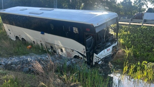 This photo, provided by the Virginia State Police, shows the scene of a fatal accident involving a passenger bus on Interstate 95 in near Quantico, Va., on Friday, May 29, 2026.