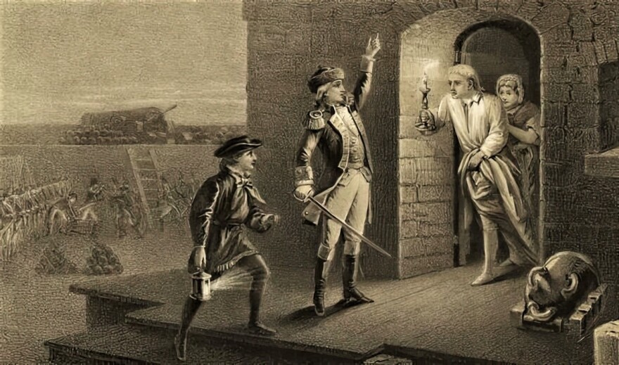 An artist's rendition of Ethan Allen and the Green Mountain boys taking Fort Ticonderoga.