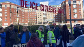Students, clergy and other community members protest outside the Citizens Bank annual shareholder meeting on April 23, 2026.