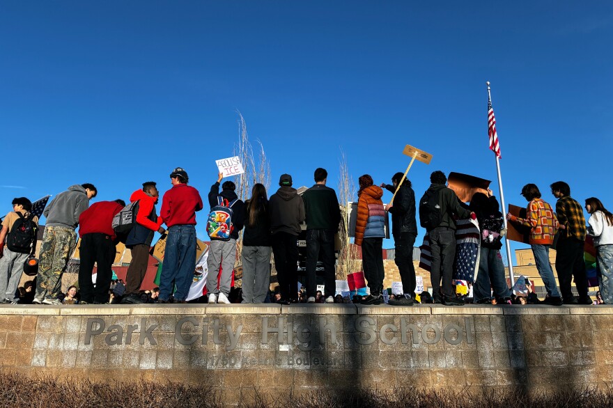 Park City High School students protest Immigration and Customs Enforcement actions as well as Trump administration policies on Jan. 30, 2026.