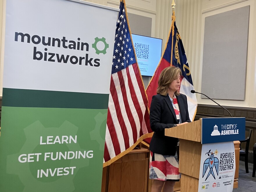 Asheville Mayor Esther Manheimer speaks at an event on small business grants Friday, May 29, 2026.