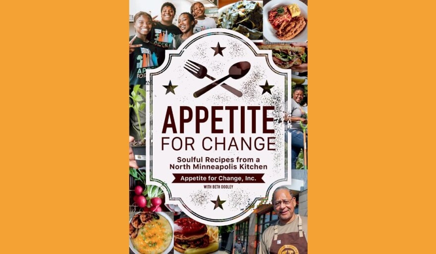 Cover of "Appetite for Change" - title framed in an illustrated white plaque under a crisscrossed fork and spoon with photos of people and food surrounding it