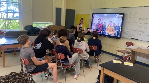 Middle school students in Provincetown IB Schools video call with their penpals in Mertarvik on June 3, 2025.