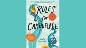 Cover for "Rules for Camouflage" by Kirsten Cronn-Mills; two illustrated youths seated on coils of aqua-colored tentacles rising