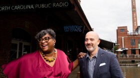 Due South co-hosts Leoneda Inge and Jeff Tiberii outside the WUNC studios at the American Tobacco Historic District.